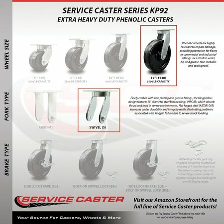 Service Caster 12'' Extra Heavy Duty Phenolic Wheel Caster Set 2 Swivel 2 Rigid , 4PK CRAN-SCC-KP92S1230-PHR-2-R-2